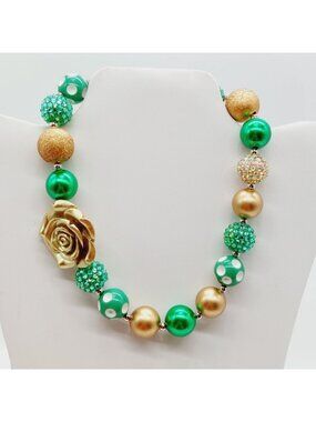 BB Gold Tone Rose Green White Gold Plastic Beads Choker Necklace